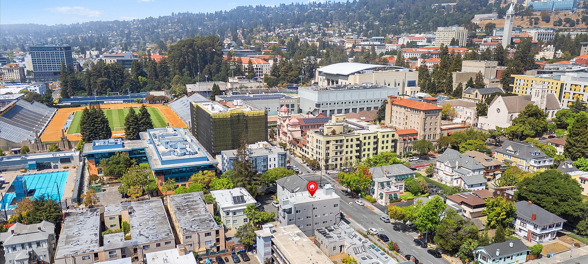 View over Berkeley Southside toward the UC Berkeley campus and the Campanile