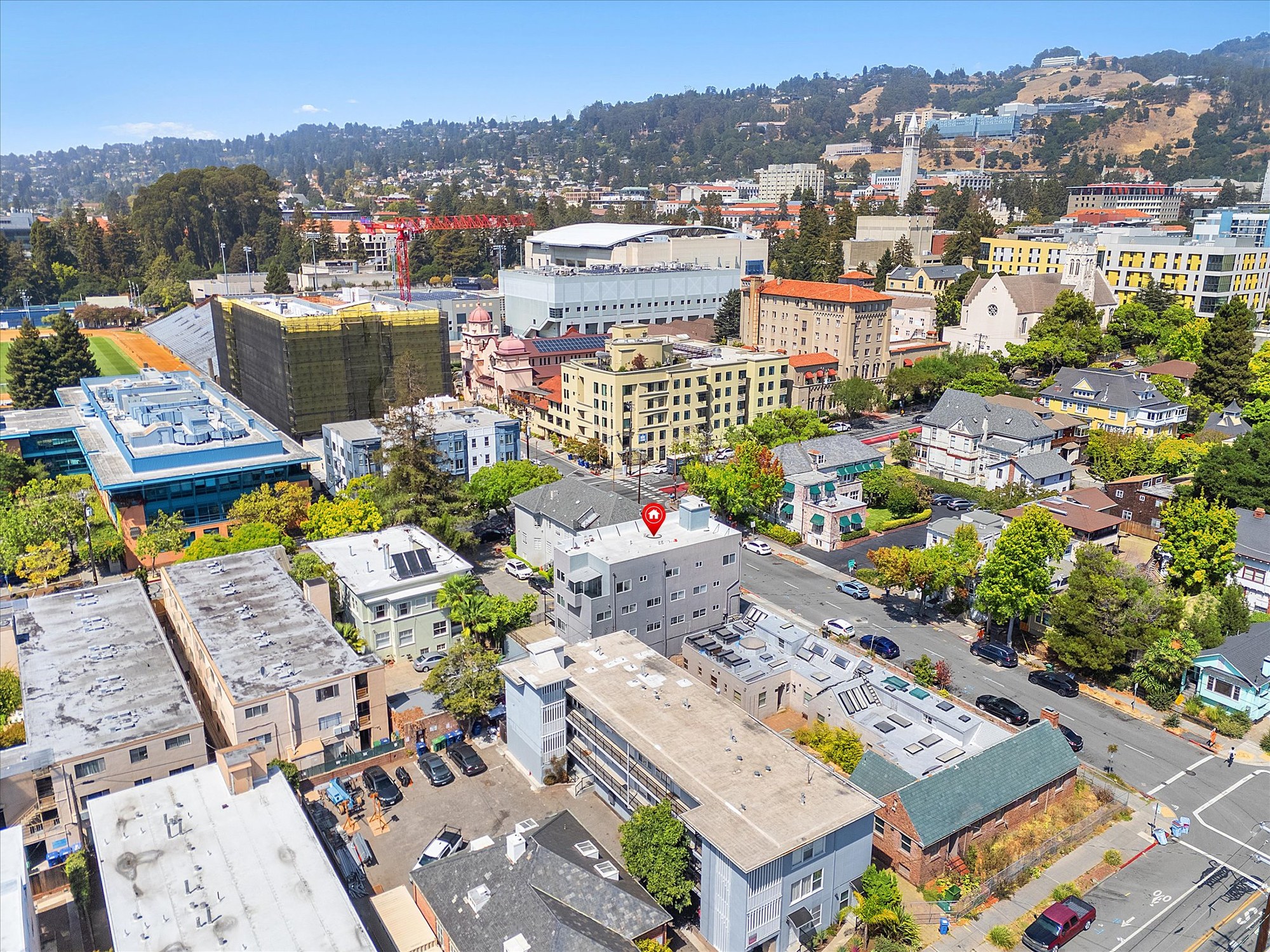 2360 Ellsworth Street marked among the Southside blocks, with the UC Berkeley campus and the Campanile beyond